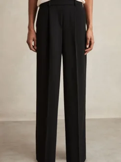 Zwart - Reiss Eden wijde broek van keperstof met elastische tailleband