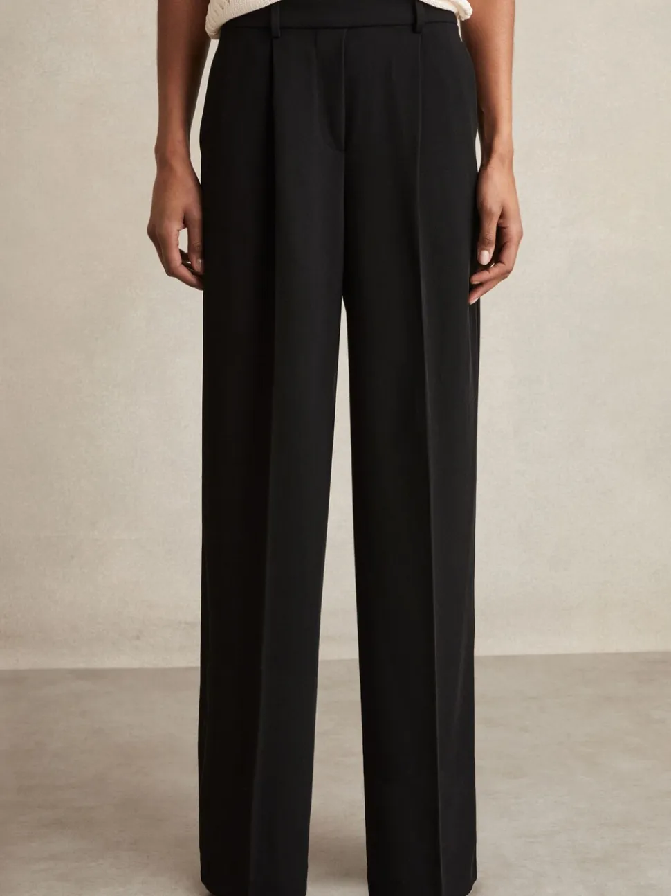 Zwart - Reiss Eden wijde broek van keperstof met elastische tailleband