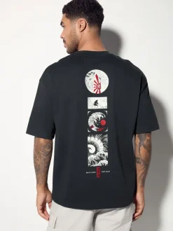 Zwart - Relaxed fit - Japans T-shirt met surfprint en grafische opdruk