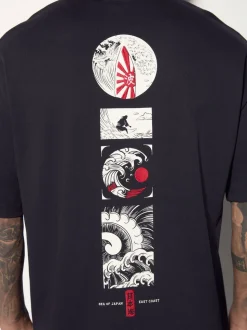 Zwart - Relaxed fit - Japans T-shirt met surfprint en grafische opdruk