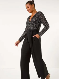 Zwart - Roman Pailletten wikkel V-hals stretchy Jumpsuit