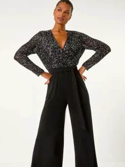 Zwart - Roman Pailletten wikkel V-hals stretchy Jumpsuit