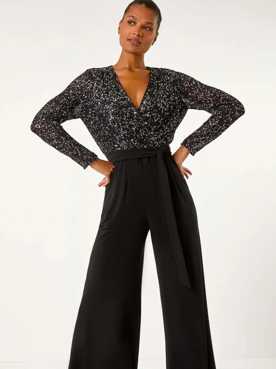 Zwart - Roman Pailletten wikkel V-hals stretchy Jumpsuit