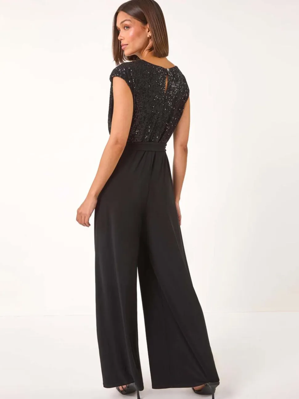 Zwart - Roman Paillettenlijfje met Watervalhals Jumpsuit