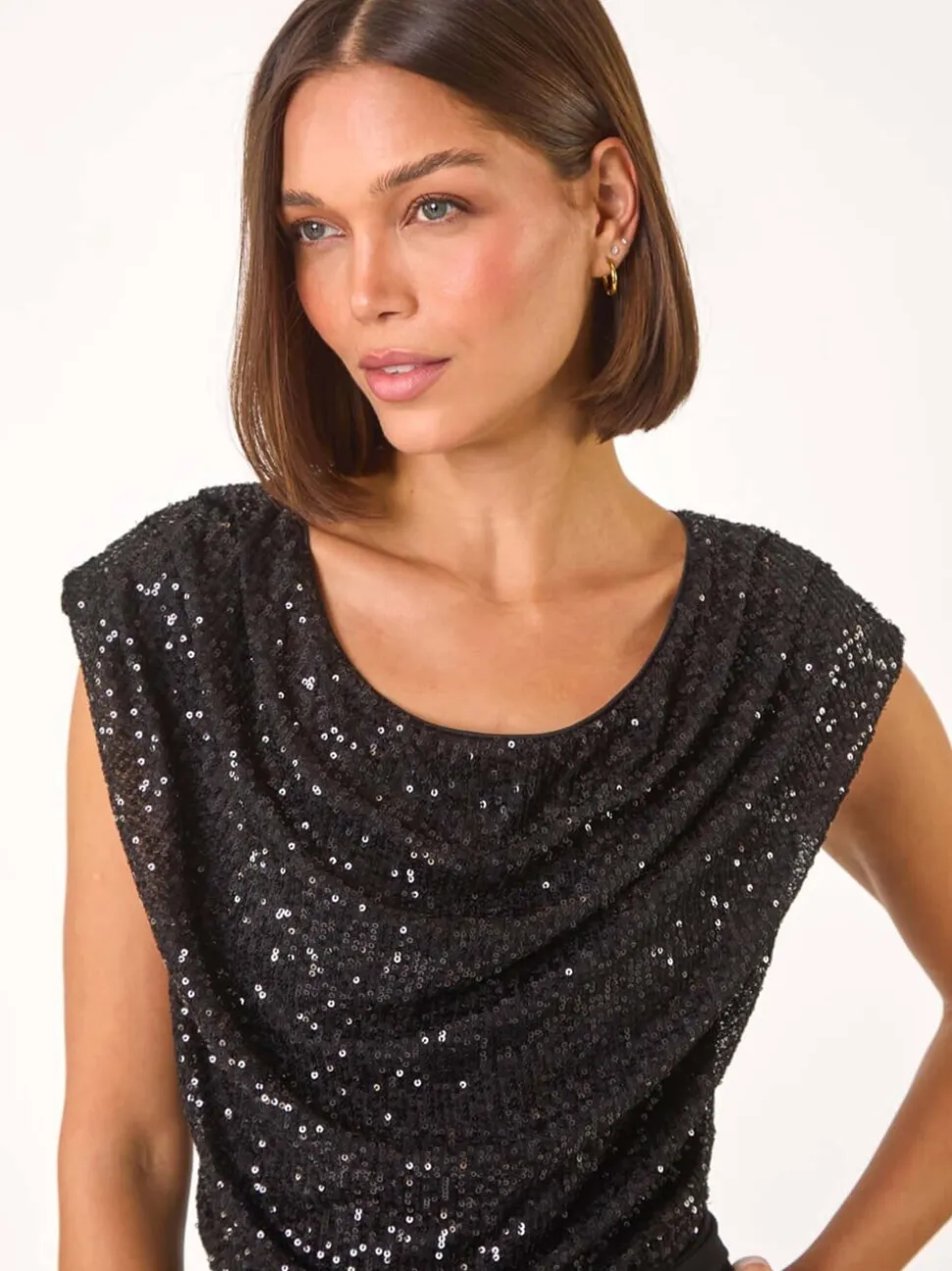 Zwart - Roman Paillettenlijfje met Watervalhals Jumpsuit