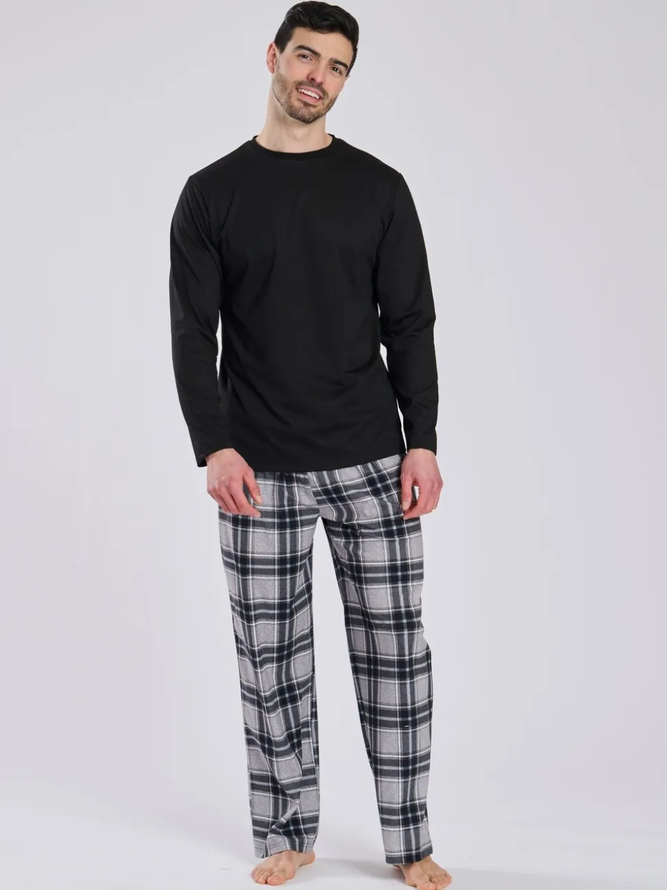 Zwart - Ronde hals - Loungeable Jersey Microfleece Long Top And Check Trousers Pyjama Set