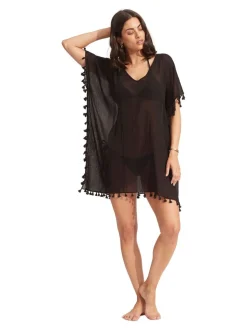 Zwart - Seafolly - Amnesia katoenen kaftan met blauwe kwastjes