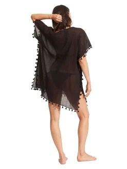 Zwart - Seafolly - Amnesia katoenen kaftan met blauwe kwastjes