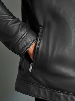 Zwart - Signature leren jack met kraag