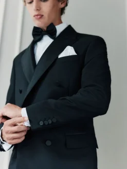 Zwart - Signature Nova Fides 100% Italian Wool Double Breasted Tuxedo Suit Jacket
