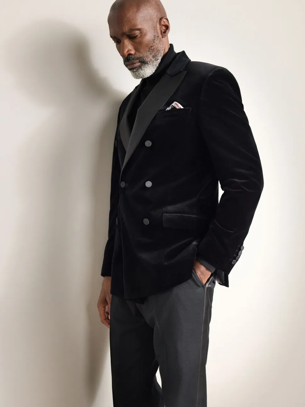 Zwart - Signature Pontoglio Italiaanse fluwelen double-breasted blazer