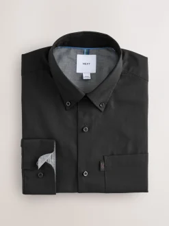Zwart - Slim Fit - Gemakkelijk te strijken Oxford overhemd met doorlopende knopen