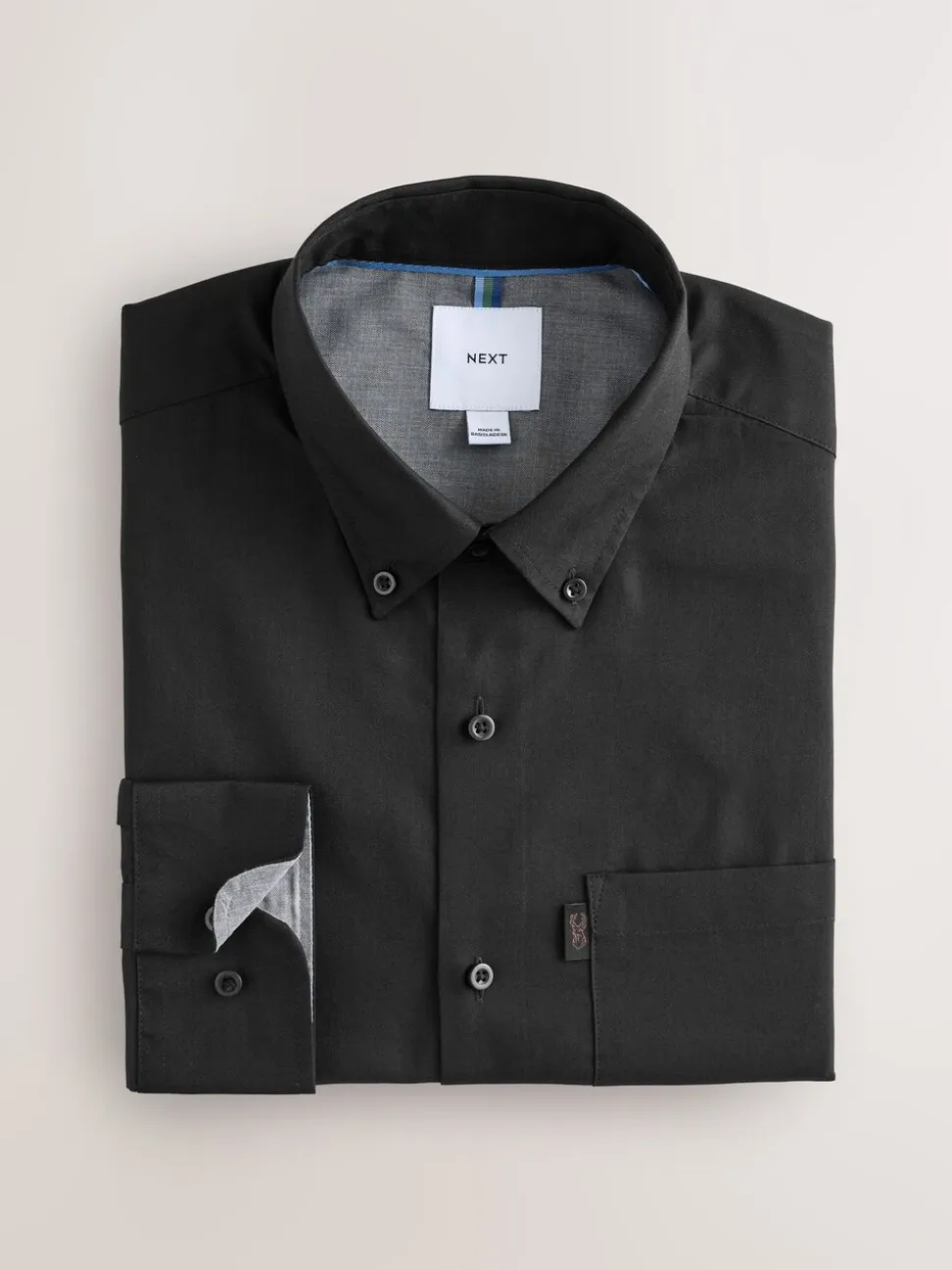 Zwart - Slim Fit - Gemakkelijk te strijken Oxford overhemd met doorlopende knopen