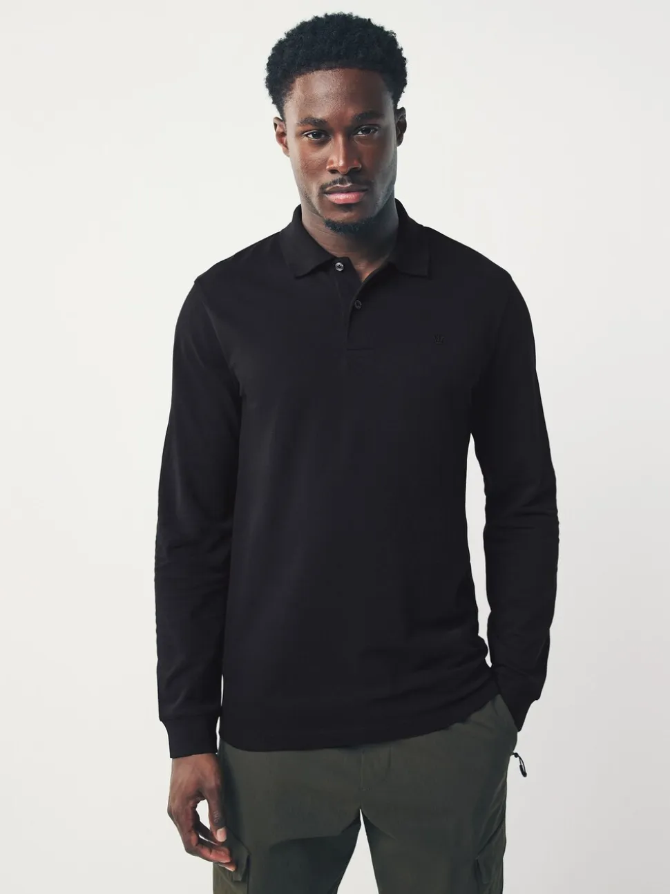 Zwart - Slim Fit - Piqué polo met lange mouwen