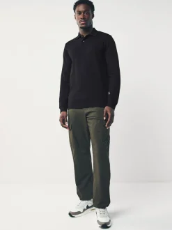 Zwart - Slim Fit - Piqué polo met lange mouwen