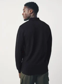 Zwart - Slim Fit - Piqué polo met lange mouwen