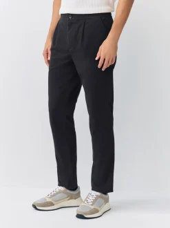 Zwart - Slim Fit - Pleated Stretch Chinos Trousers With Elasticated Waist