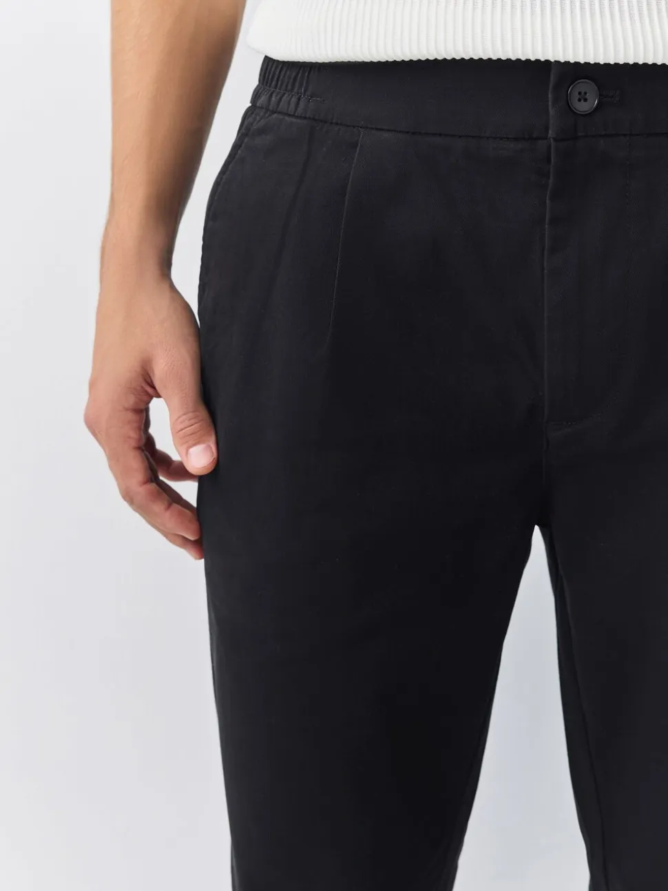 Zwart - Slim Fit - Pleated Stretch Chinos Trousers With Elasticated Waist