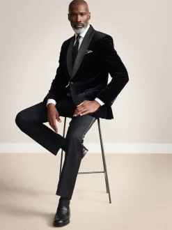 Zwart - Slim Fit - Signature Pontoglio Italiaanse fluwelen blazer met sjaalkraag