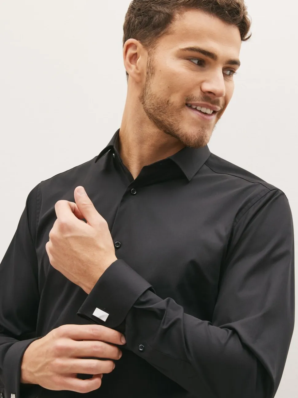 Zwart - Slim Fit - Strijkvrij net overhemd met dubbele manchet