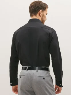 Zwart - Slim Fit - Strijkvrij net overhemd met dubbele manchet