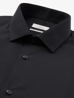 Zwart - Slim Fit - Strijkvrij net overhemd met enkele manchet