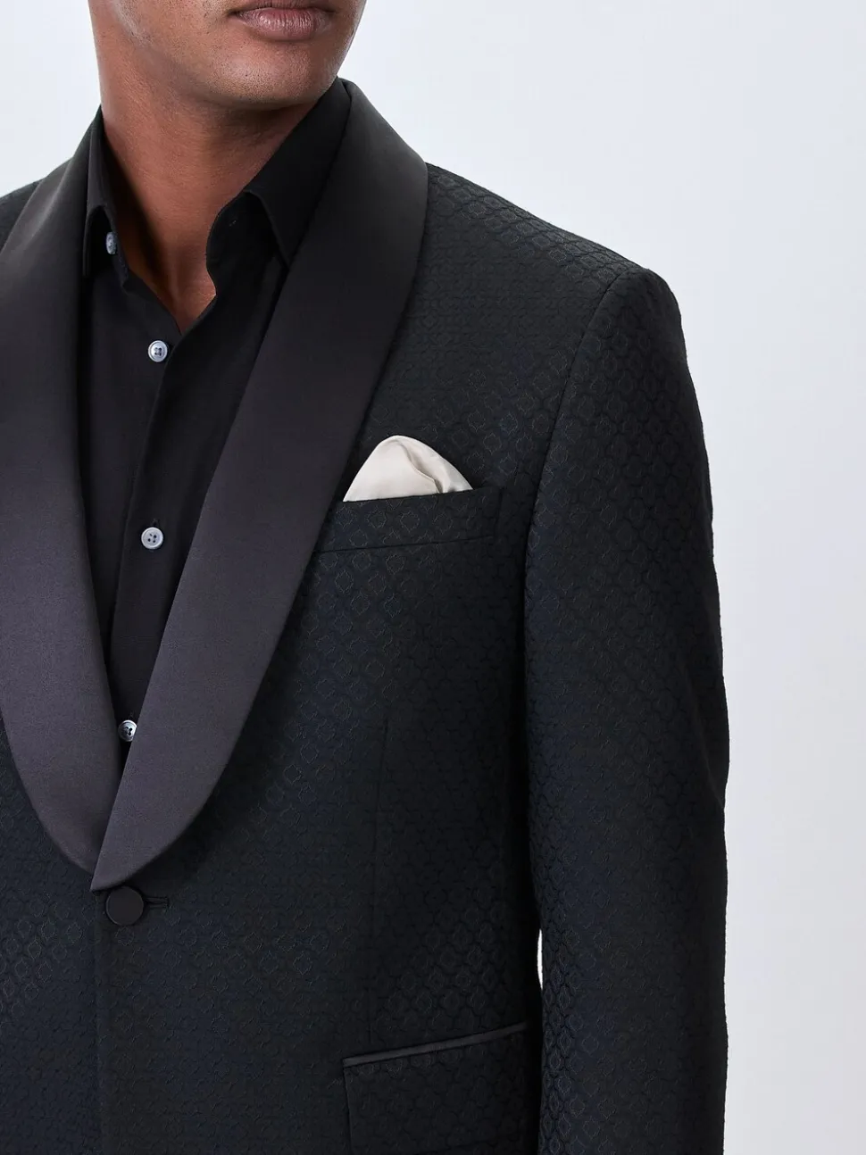 Zwart - Slim Fit Jacquard Tuxedo Suit Jacket