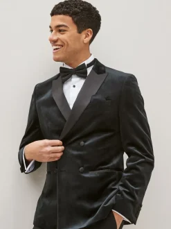 Zwart - Slim-fit fluwelen blazer met dubbele rij knopen