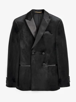 Zwart - Slim-fit fluwelen blazer met dubbele rij knopen