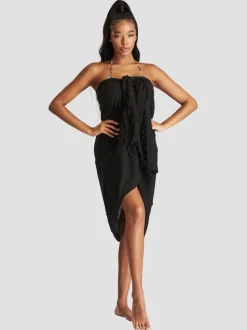 Zwart - South Beach - Gekreukte viscose sarong-tuniek met franje