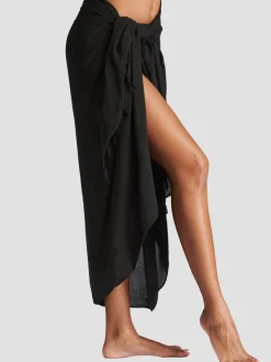 Zwart - South Beach - Gekreukte viscose sarong-tuniek met franje