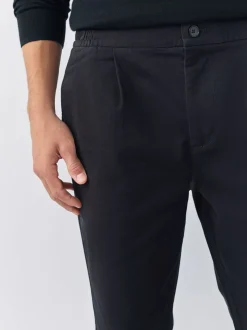Zwart - Straight fit - Pleated Stretch Chinos Trousers With Elasticated Waist