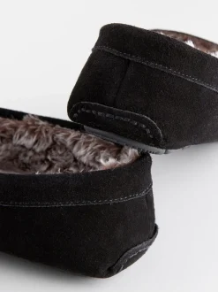 Zwart - Suède mocassinpantoffels met voering van imitatiebont
