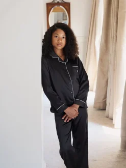 Zwart - The Little Tailor Satijnen Kinder Kerstmis Pyjama's met Knoopsluiting