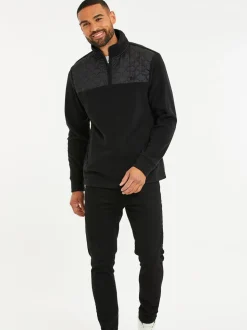 Zwart - Threadbare doorgestikt fleece sweatshirt met kwartrits