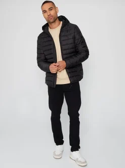 Zwart - Threadbare gewatteerd waterafstotend jack met capuchon en matte afwerking