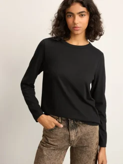 Zwart - T-shirt met lange mouwen en ronde hals