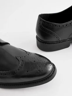 Zwart - Wijde pasvorm - Leren derby-brogues