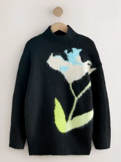 Zwart - Wollen trui met opstaande hals en bloemenprint