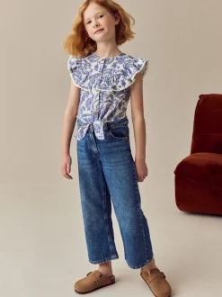 Zwart bloemenprint - 100% katoenen blouse met strik aan de voorkant (3 - 16 jr)