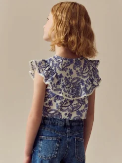Zwart bloemenprint - 100% katoenen blouse met strik aan de voorkant (3 - 16 jr)