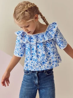 Zwart bloemenprint - Bedrukte katoenen blouse met ruches van (100% katoen) (3 - 16 jr)