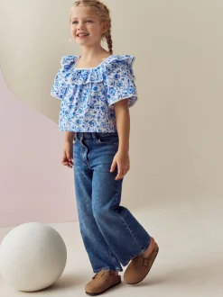 Zwart bloemenprint - Bedrukte katoenen blouse met ruches van (100% katoen) (3 - 16 jr)