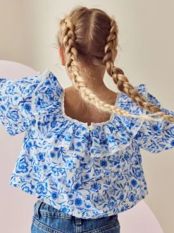 Zwart bloemenprint - Bedrukte katoenen blouse met ruches van (100% katoen) (3 - 16 jr)