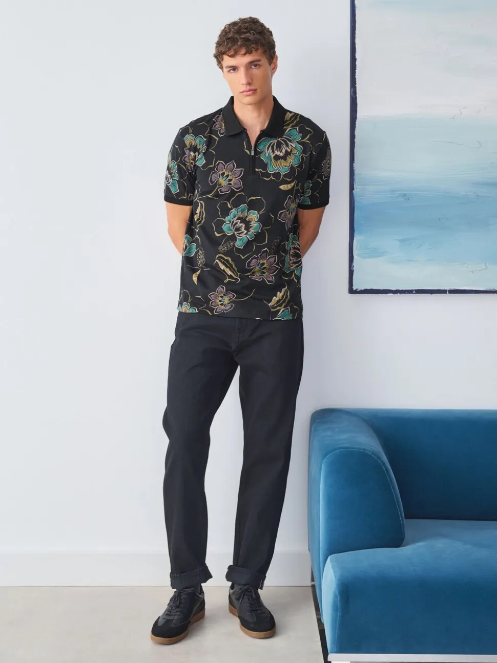 Zwart bloemenprint - Poloshirt met korte mouwen en print