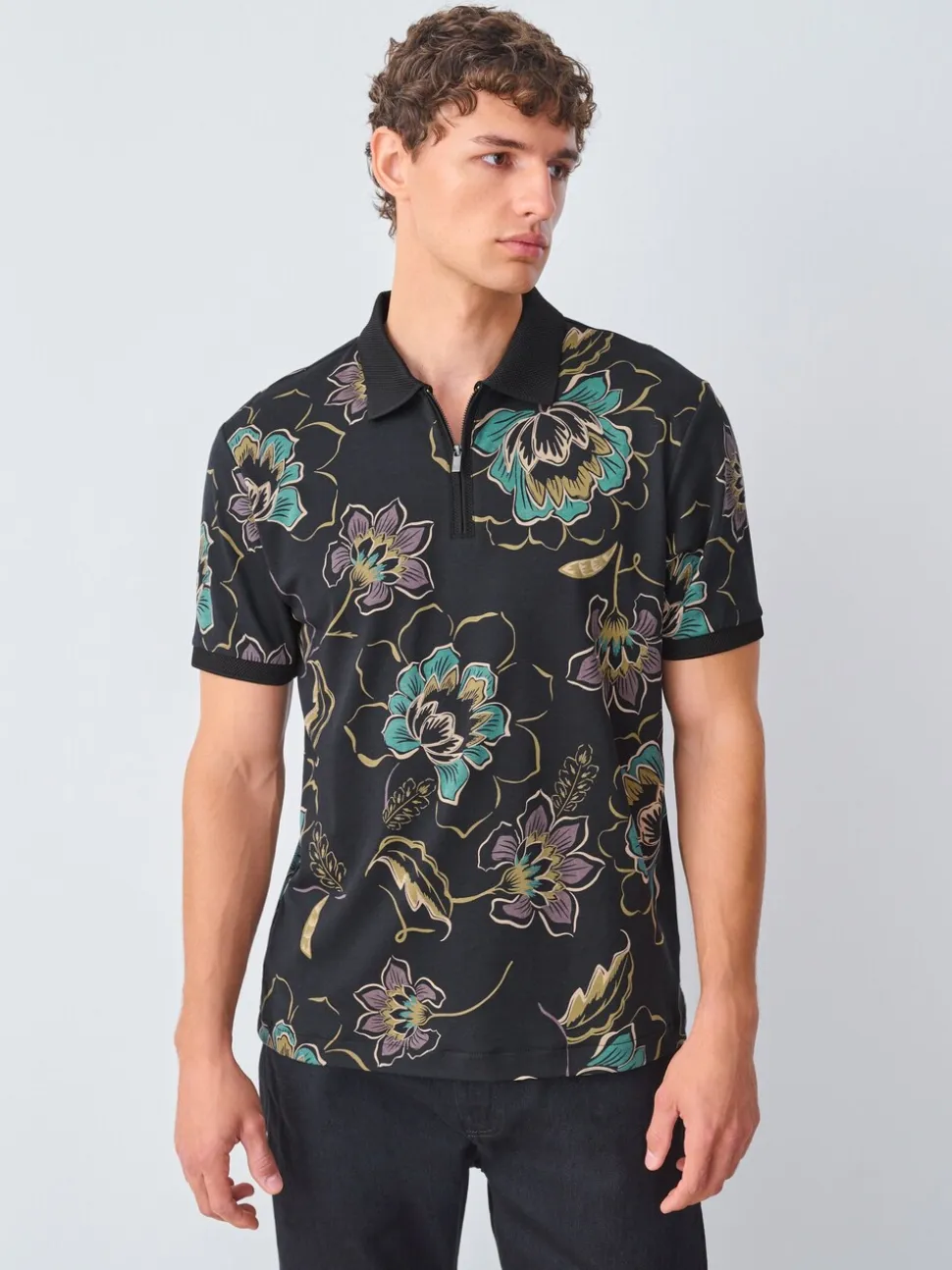 Zwart bloemenprint - Poloshirt met korte mouwen en print