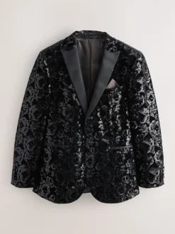 Zwart bloemenprint - Slim Fit - Fluwelen blazer met lovertjes