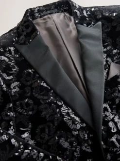 Zwart bloemenprint - Slim Fit - Fluwelen blazer met lovertjes