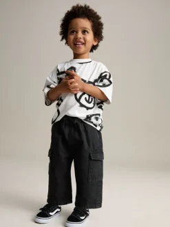 Zwart denim - 100% katoenen cargobroek met wijde pijpen en elastische taille (3mnd-7jr)