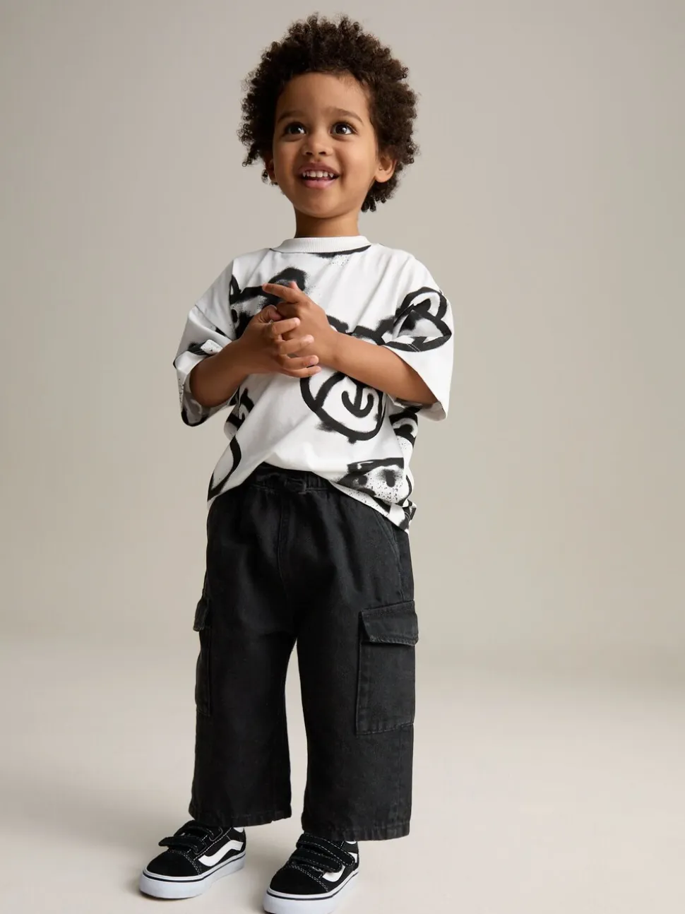 Zwart denim - 100% katoenen cargobroek met wijde pijpen en elastische taille (3mnd-7jr)